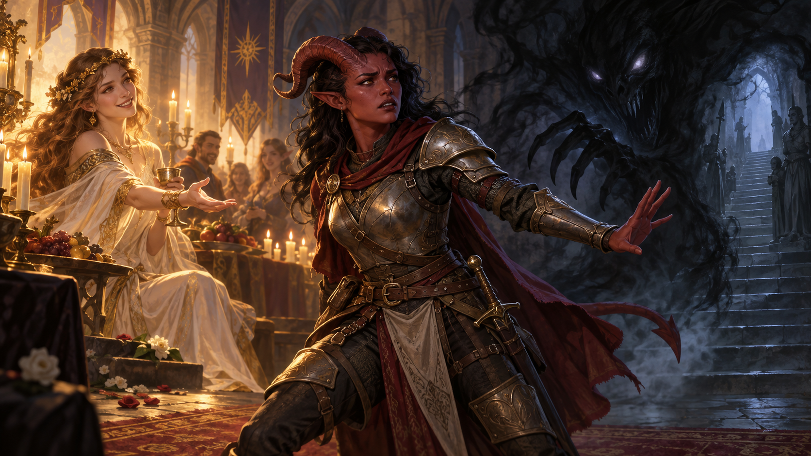 Nữ hiệp sĩ tiefling chống lại mê hoặc và hoảng sợ