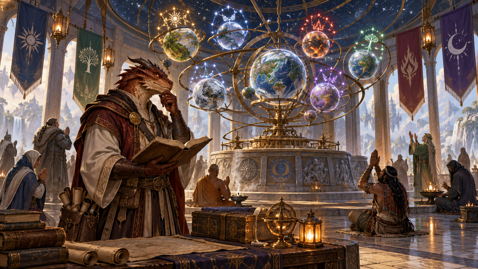 Học giả dragonborn nghiên cứu các hệ thần của nhiều thế giới