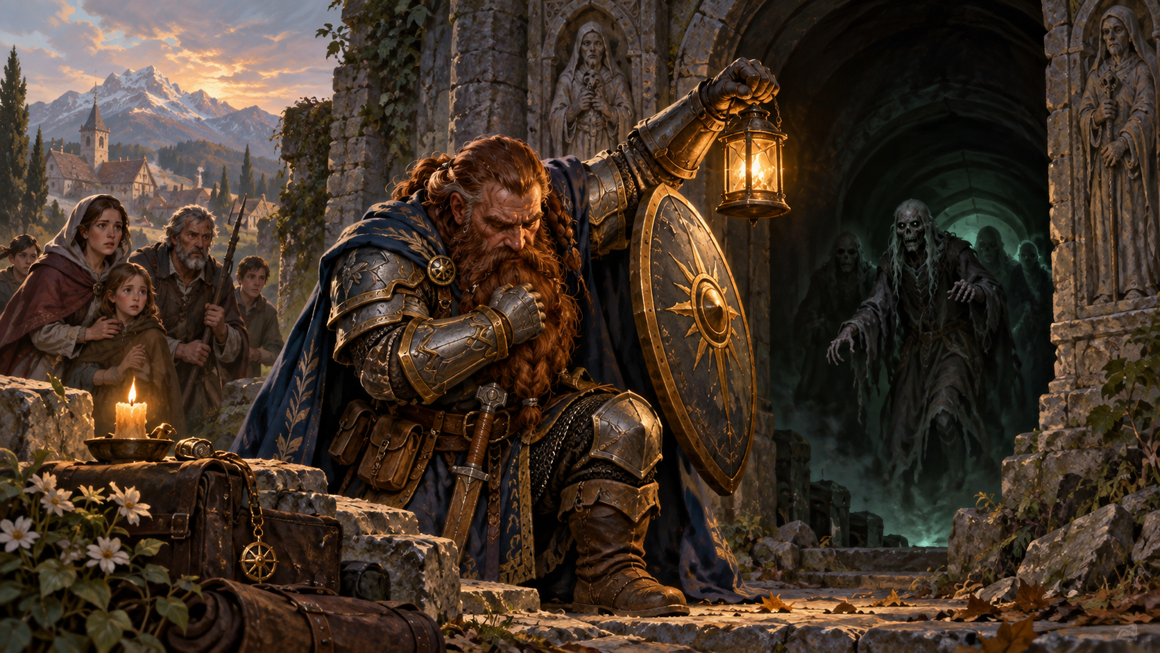 Thánh kỵ sĩ dwarf cầu nguyện trước khi bảo vệ dân làng