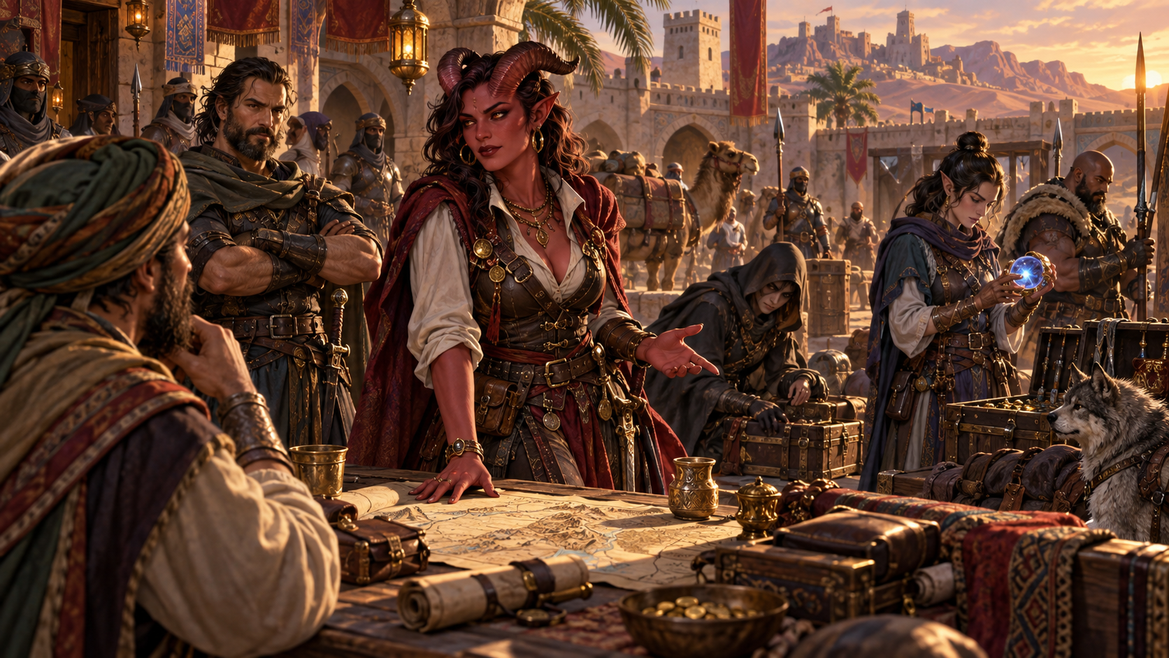 Nữ môi giới tiefling tổ chức đoàn lính đánh thuê và thương vụ mạo hiểm