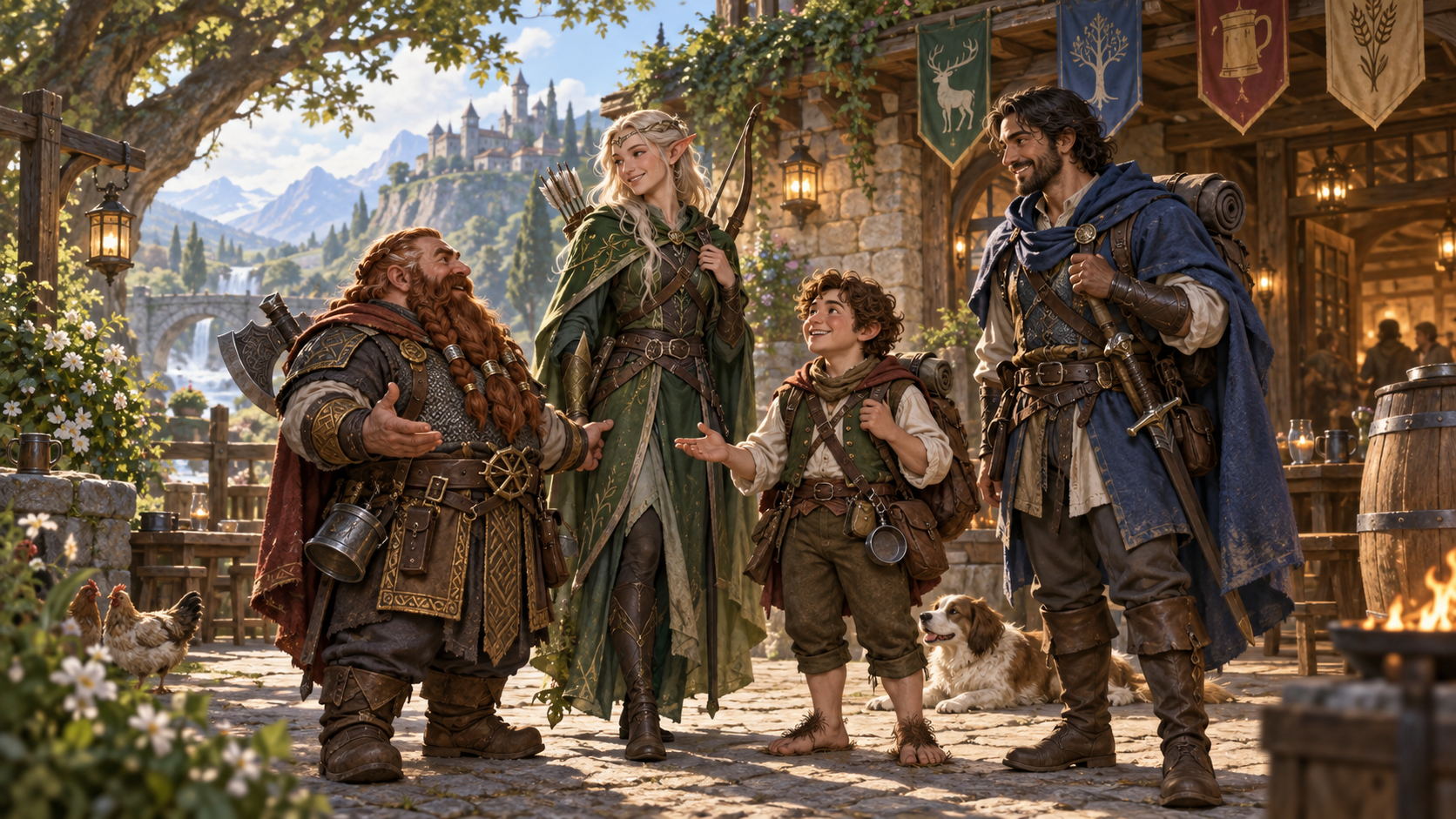 Người lùn elf halfling và con người gặp nhau trước quán trọ