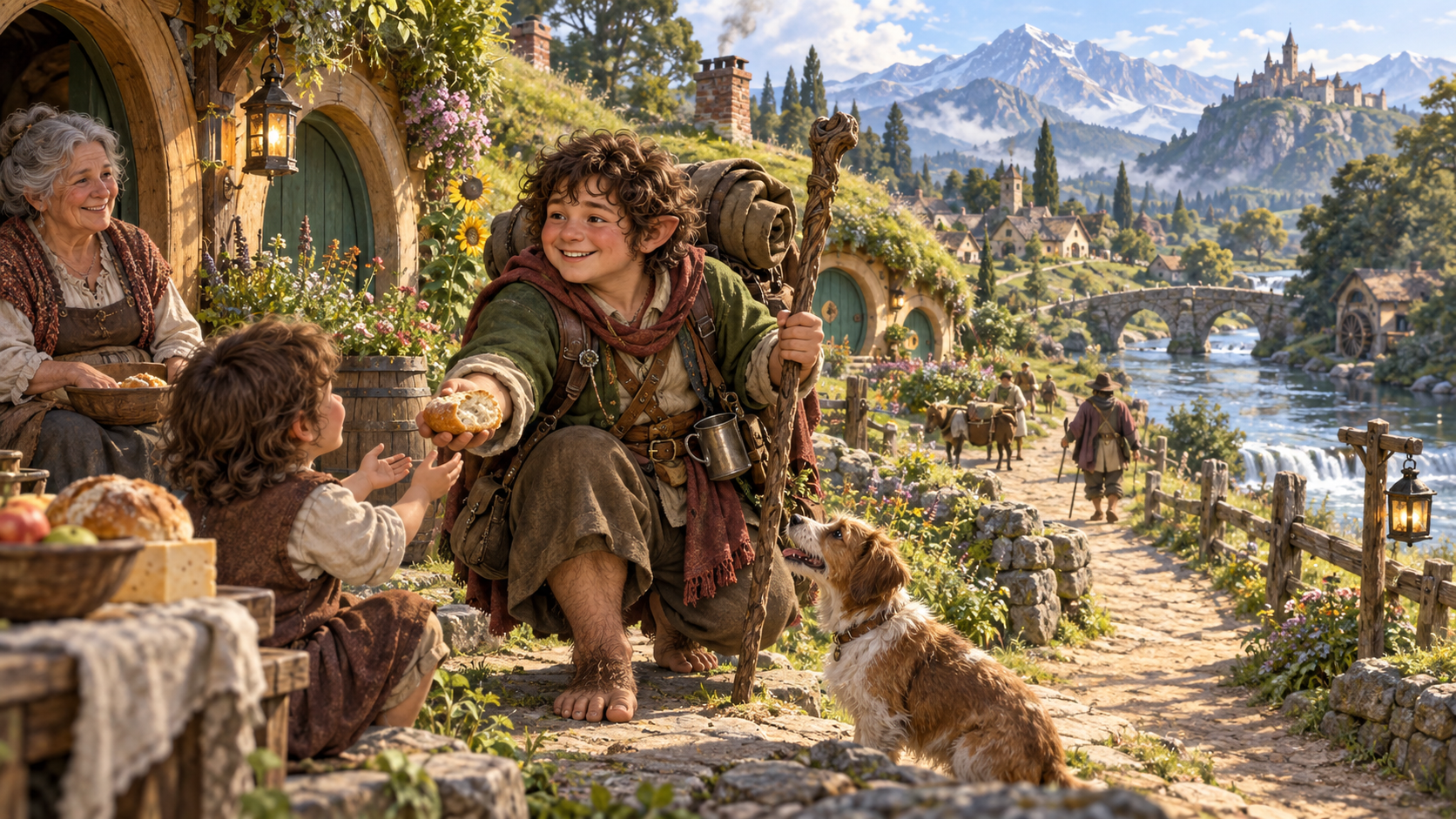Một halfling vui vẻ chia sẻ thức ăn trước khi lên đường