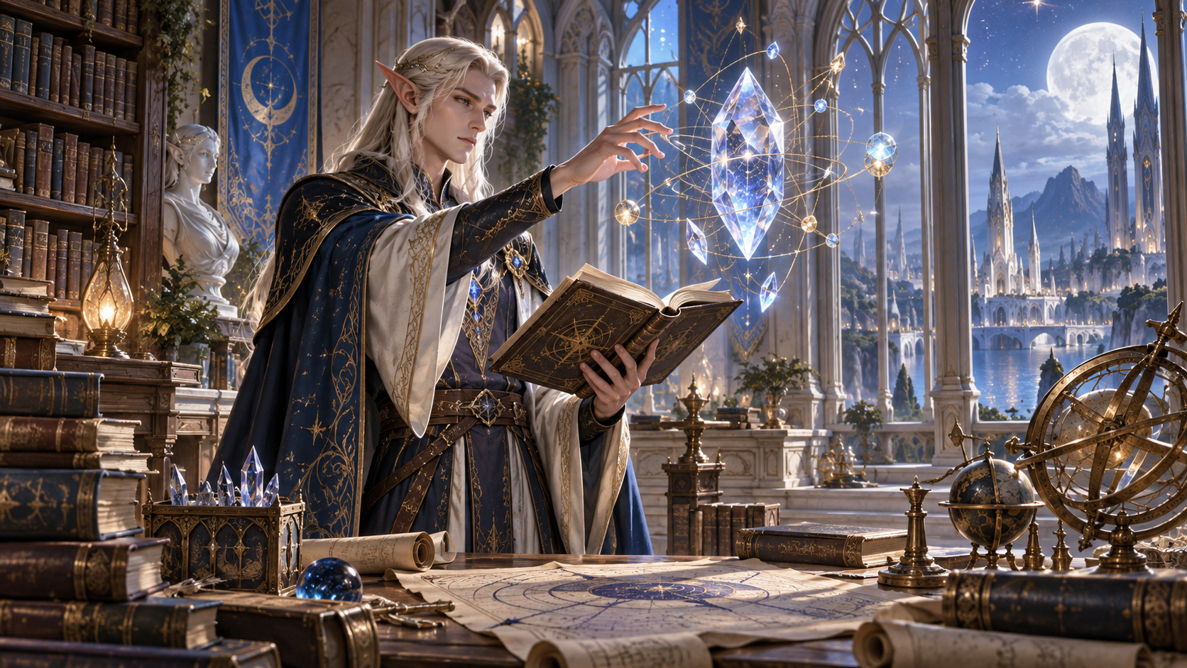 Một elf bậc cao nghiên cứu phép thuật trong đài quan sát