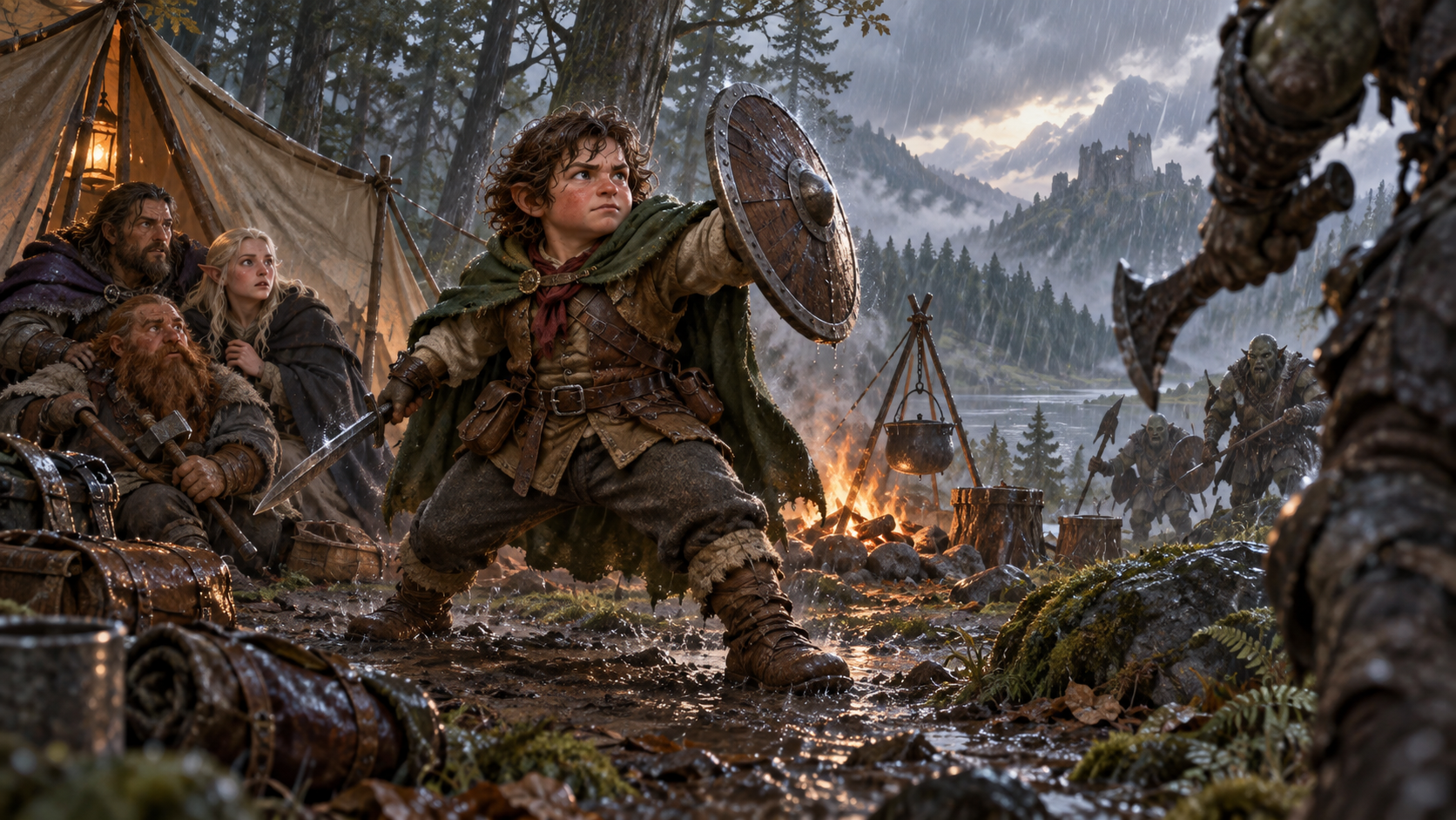 Một halfling vạm vỡ bảo vệ đồng đội trong cơn mưa