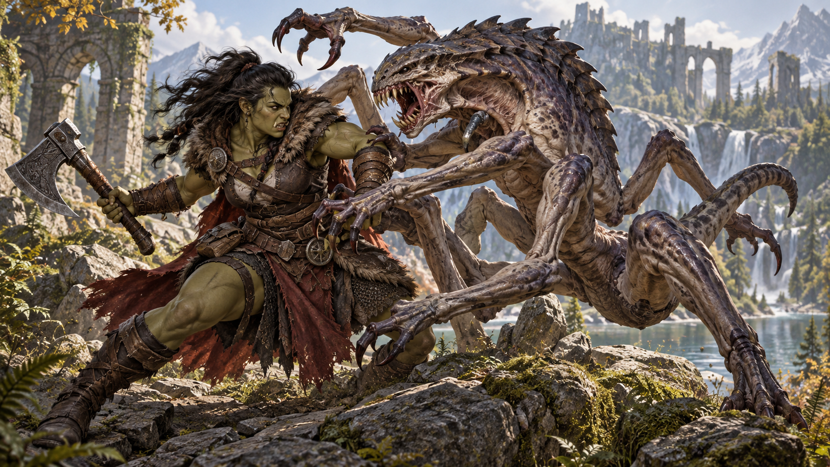 Nữ chiến binh half-orc minh họa các loại hành động chiến đấu