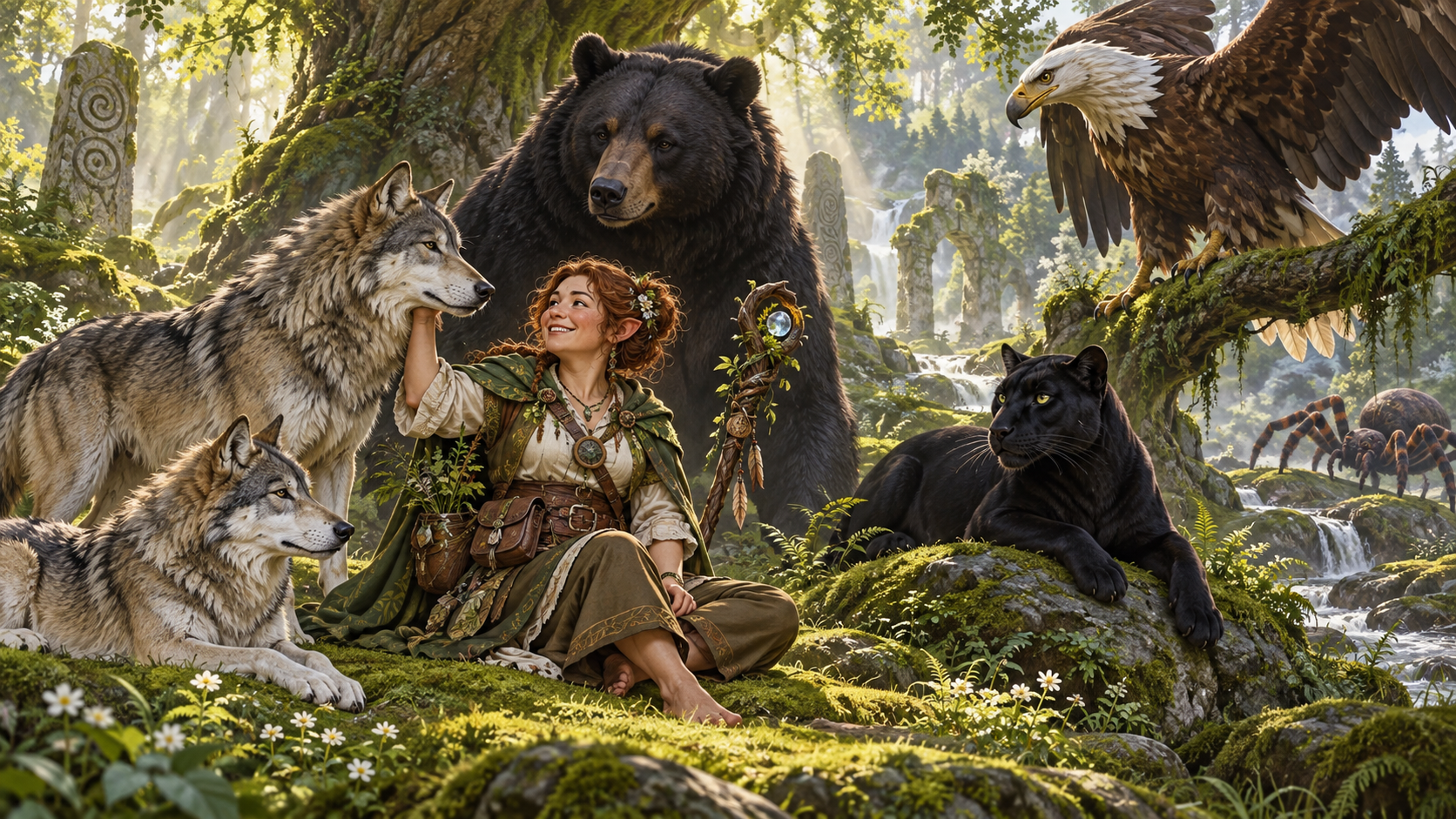 Nữ druid halfling giữa các loài thú trong rừng cổ