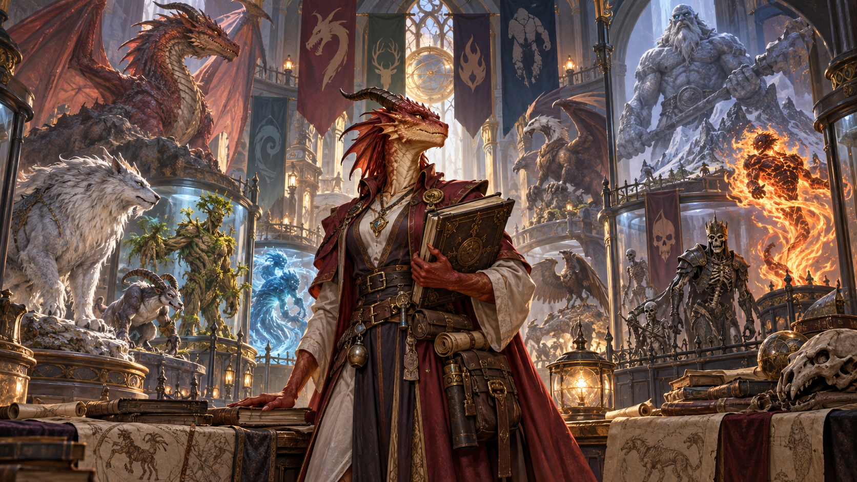 Nữ học giả dragonborn khảo cứu các sinh vật trong một thư viện kỳ ảo
