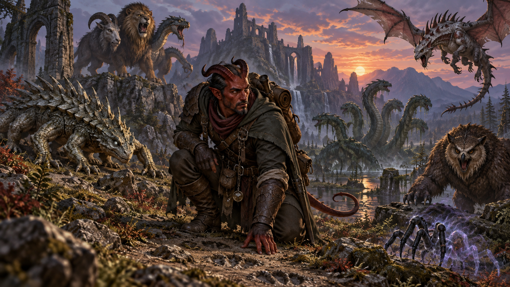 Thợ săn tiefling lần theo dấu vết của nhiều quái thú dị hình
