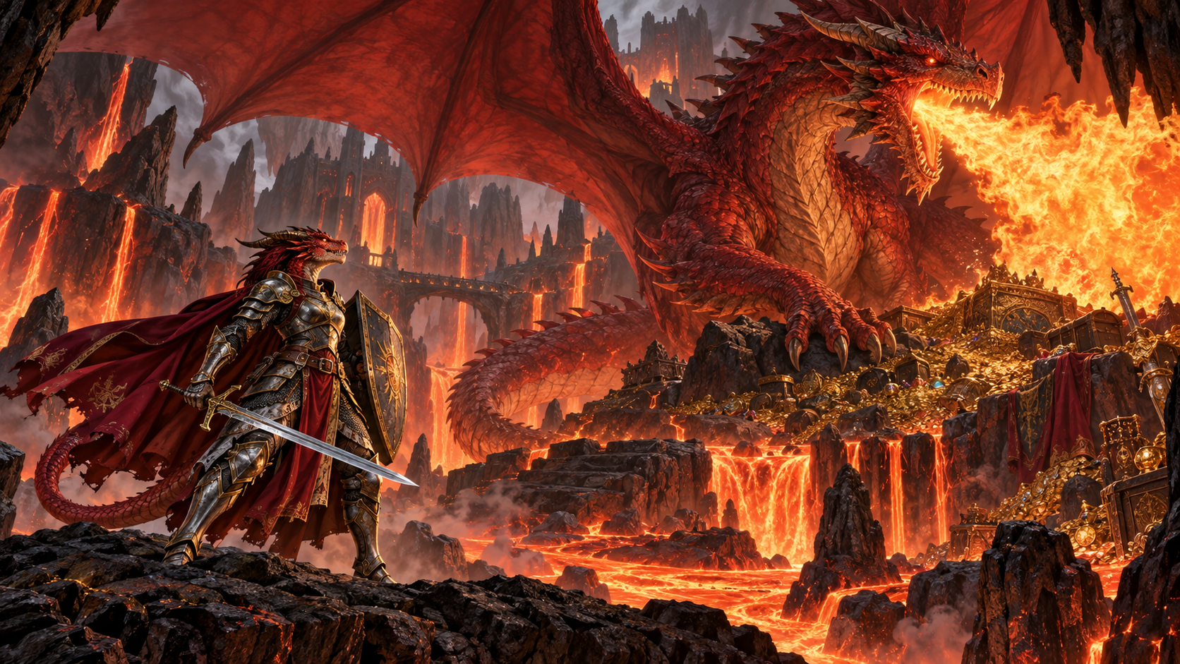 Nữ hiệp sĩ dragonborn đối đầu rồng đỏ trưởng thành