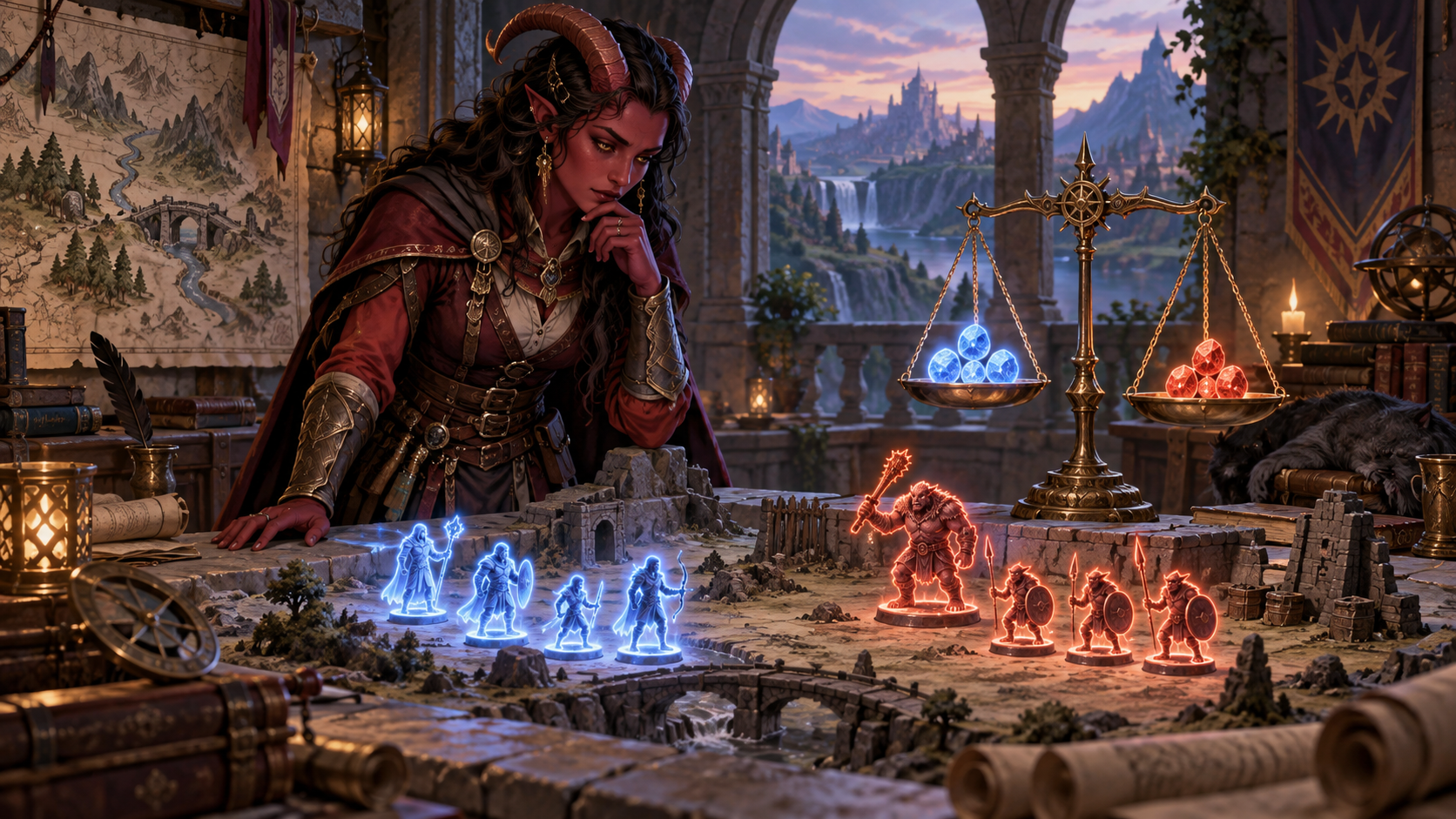 Nữ chiến lược gia tiefling cân nhắc sức mạnh của nhóm và quái vật