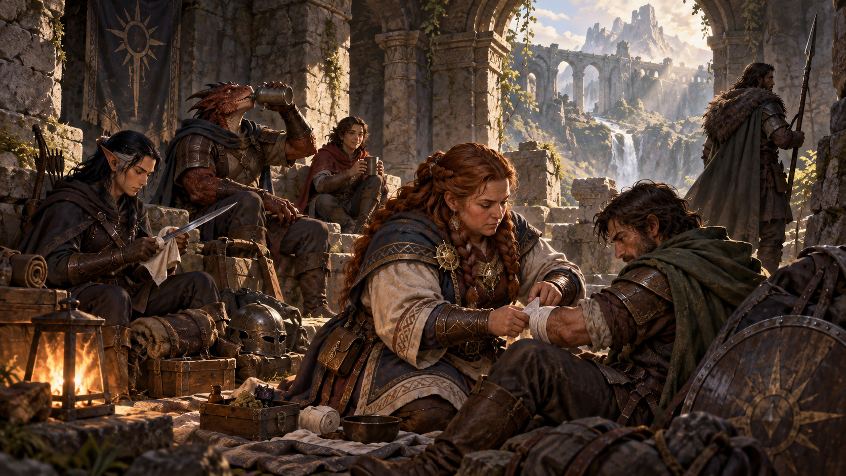 Nữ tu sĩ dwarf chăm sóc đồng đội trong giờ nghỉ ngắn