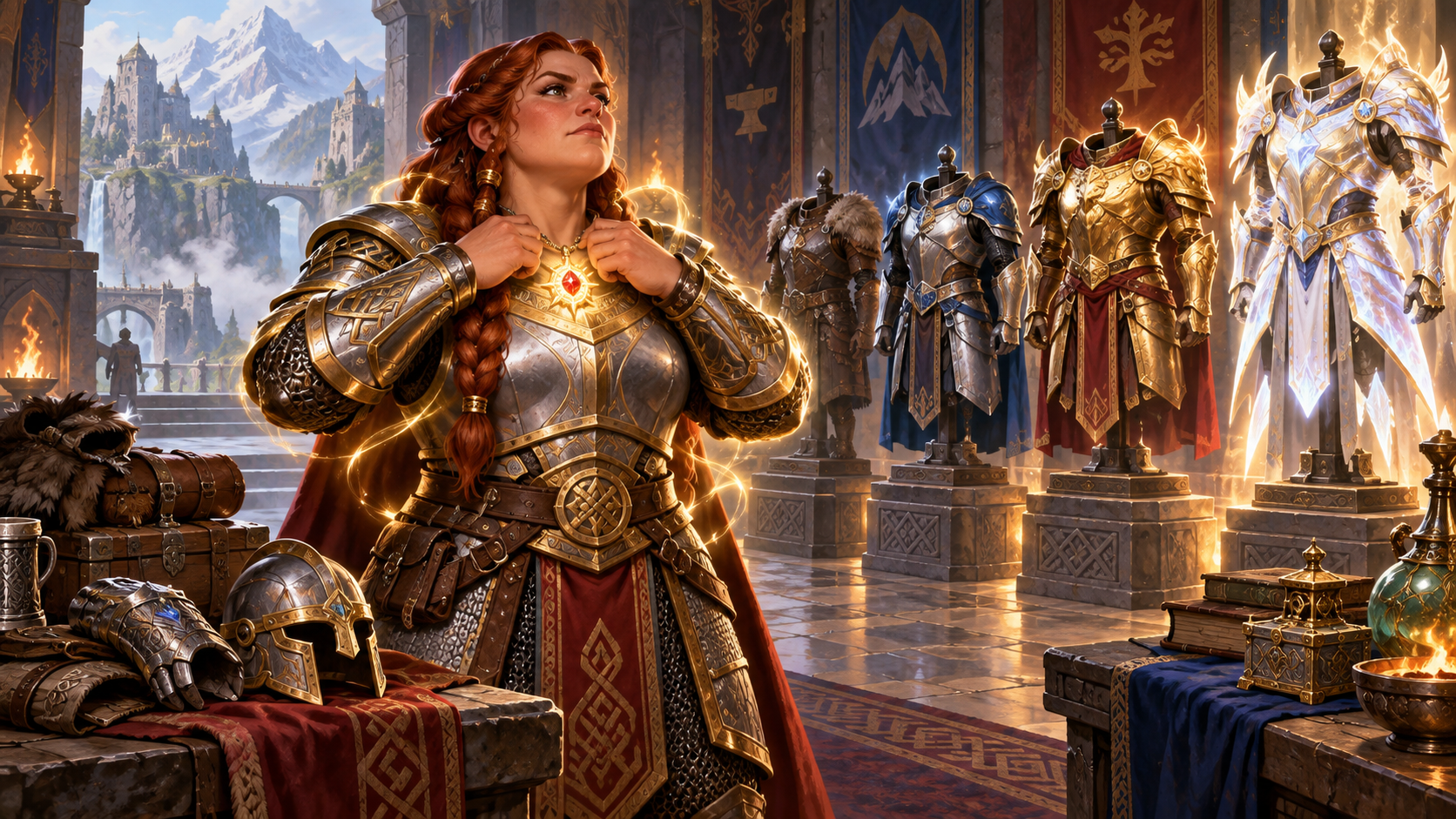 Nữ hộ vệ dwarf đeo bùa sức khỏe cùng bộ giáp được phù phép