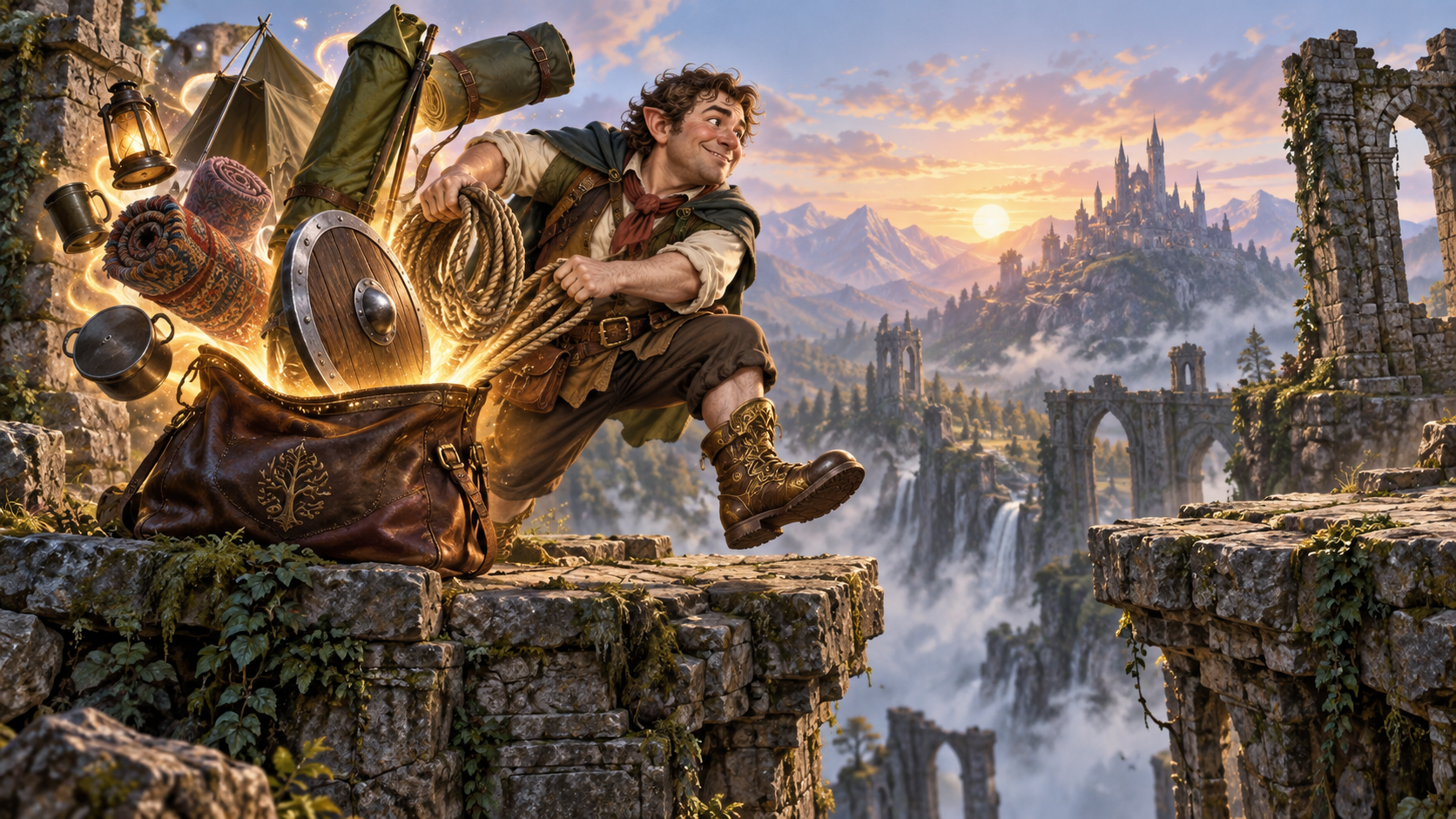 Nhà thám hiểm halfling lấy trang bị từ túi chứa đồ và dùng đôi ủng ma thuật