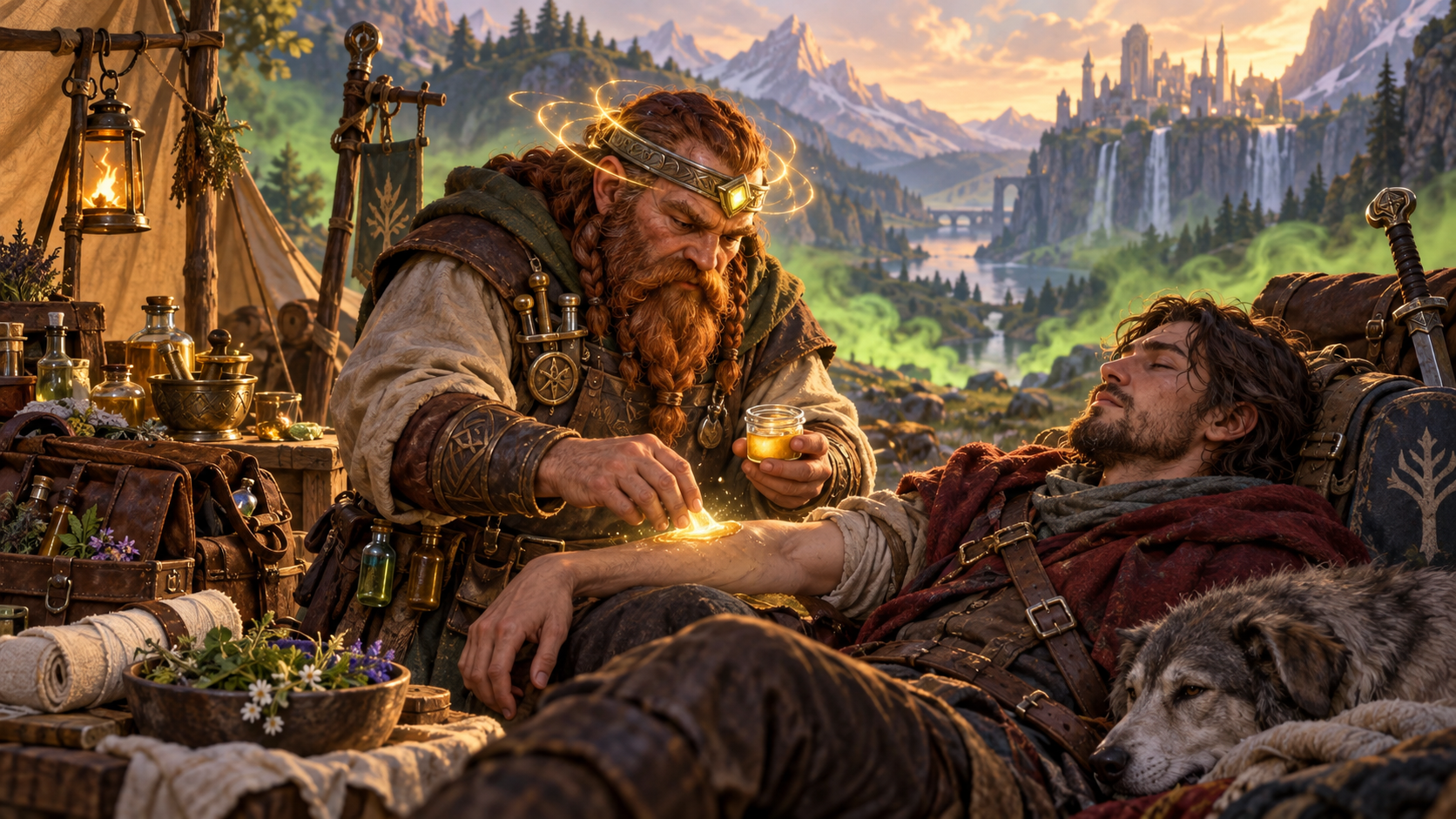 Dược sư dwarf dùng băng trán trí tuệ và thuốc mỡ chữa trị đồng đội