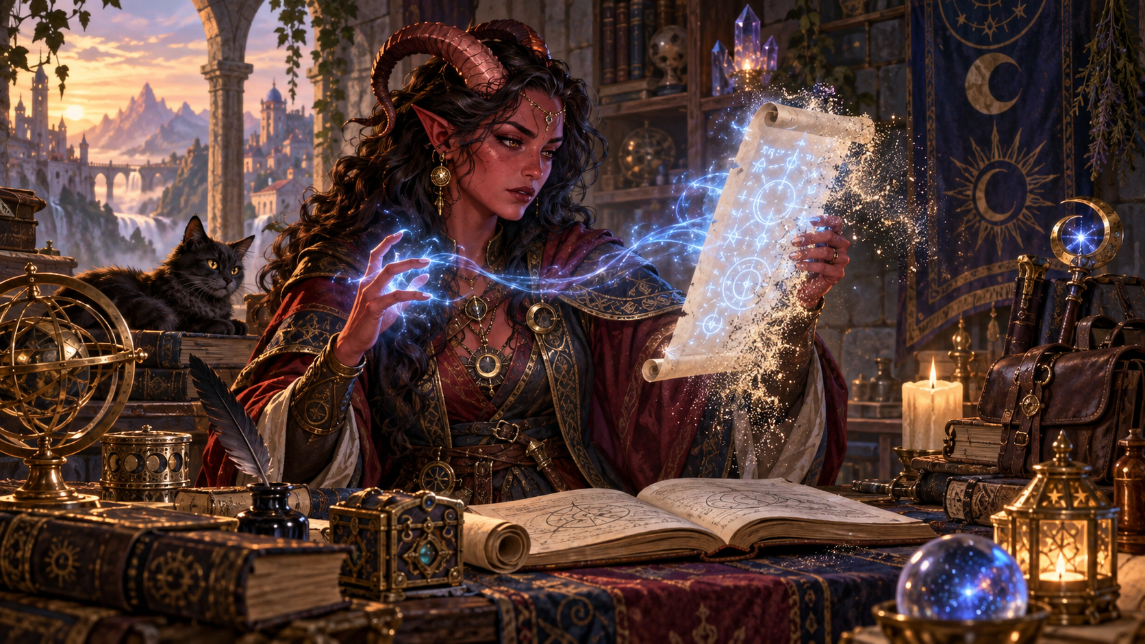 Nữ pháp sư tiefling thi triển phép từ một cuộn phép