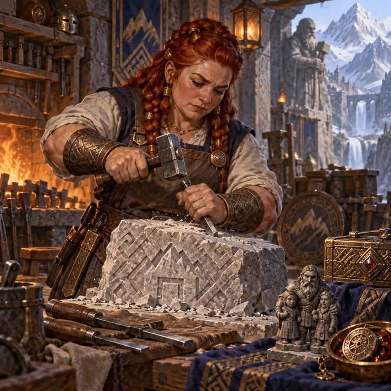 Nữ nghệ nhân dwarf trong xưởng đá và kim loại