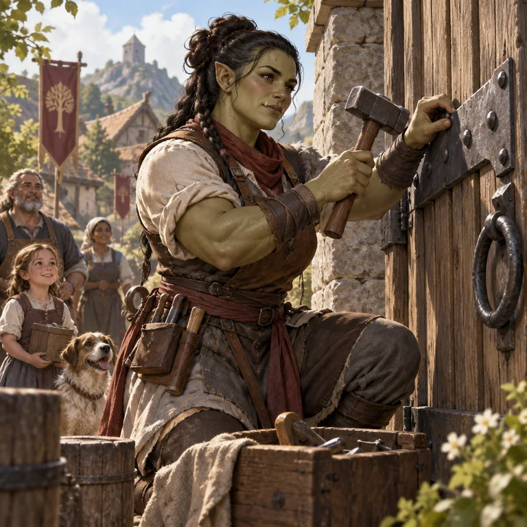 Nữ half-orc sửa cổng bảo vệ cộng đồng