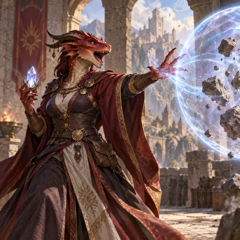Nữ dragonborn dùng lời cử chỉ và tiêu điểm để thi triển phép