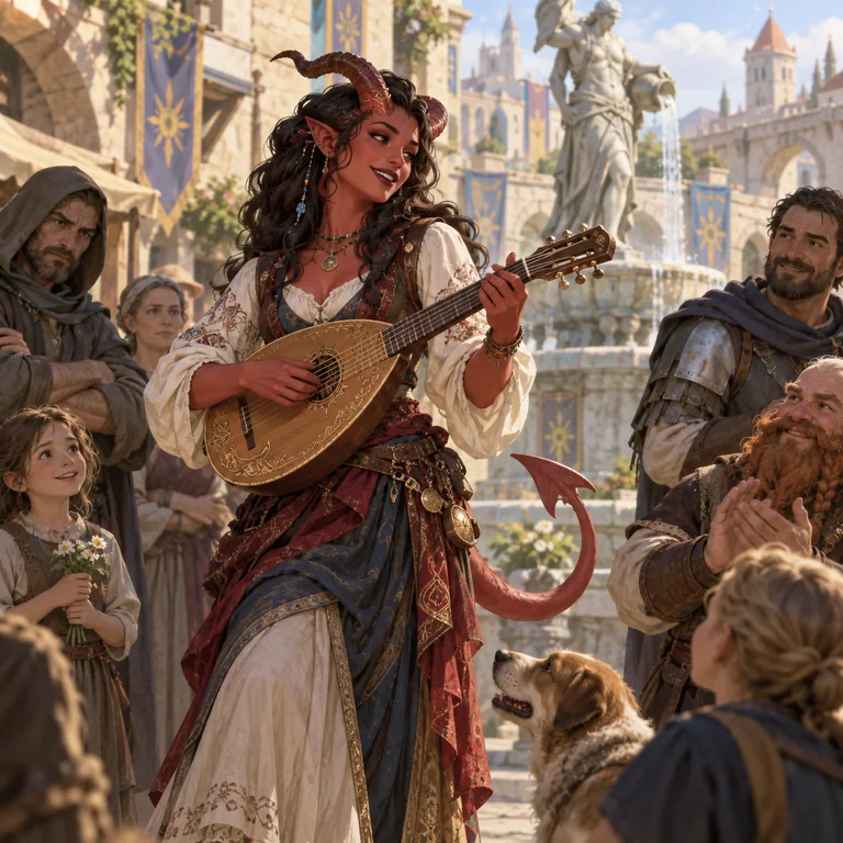 Nữ nghệ sĩ tiefling biểu diễn giữa thành phố